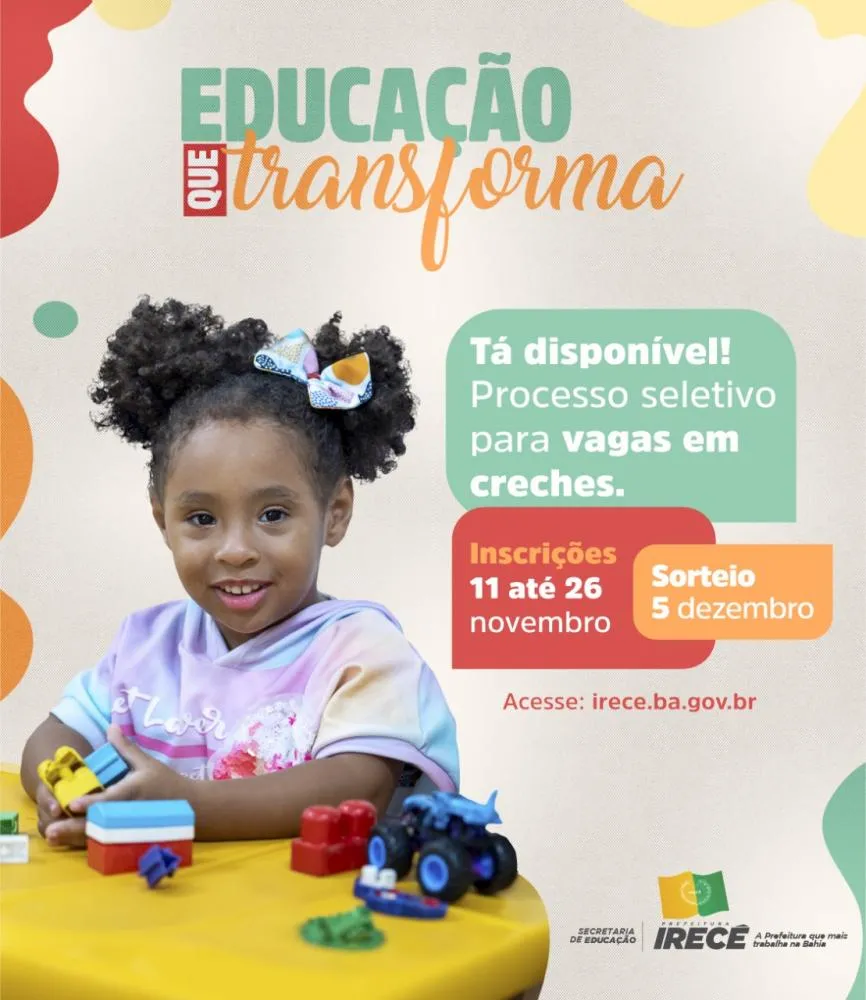 Prefeitura de Irecê abre inscrições para seleção de vagas nas Creches e Escolas de Educação Infantil